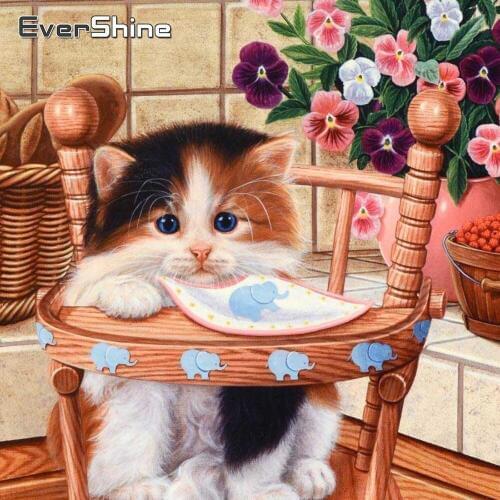 EverShine Animal Diamond Mosaic Cat Diamond Embroidery Flower Full Set Picture Of Rhinestone Diamond Painting Round Drill Decor