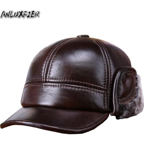 B-7257 Mens Baseball Cap Adult Winter Warm Hats Cowhide Natural Skin Earmuffs Hats Fur Inside Casual Leather Warm Cap
