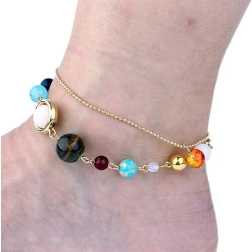 Women Girls Boho Adjustable Anklet Bracelet Universe Eight Planets Beads Solar System Anklet Natural Stone Galaxy Beach Jewelry