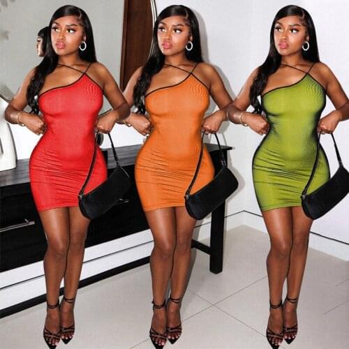 Elegant One Shoulder Spaghetti Strap Mini Women Dress Sexy Backless Cross Strap Solid Bodycon Club wear Party Dress Robe Femme