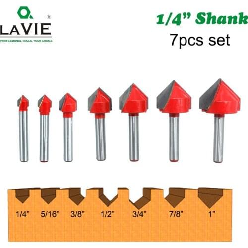 7pcs 6.35mm 1/4 inch Shank V Type Router Bit 90 Degree Edge Forming Bevel Woodworking Milling Cutter for Wood Bits MC01121