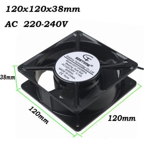 Gdstime 2 pcs 120x38mm Double Ball Bearing 2 Wires 220V 240V AC Fan 120mm Metal Case Cooling Fan 12cm Axial Fan 240 Volt AC