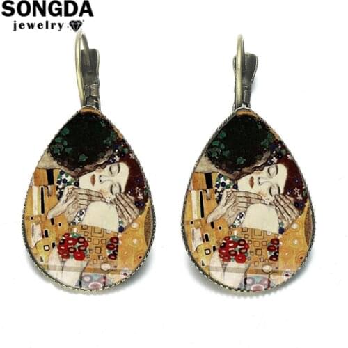 SONGDA Classic Gustav Klimt The Kiss Teardrop Earrings Retro Famous Painting Glass Cabochon Statement Earrings for Women Jewelry