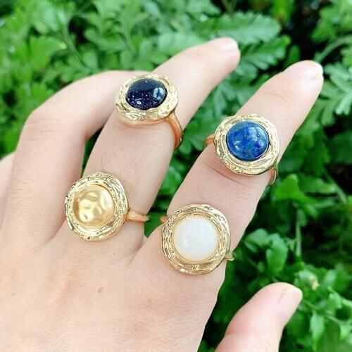 KOMi Natural Stone Inlay Rings for Women Lapis Lazuli Blue sandstone knuckle Ring Geometric Couple Jewelry Ringe US Size 7 K5916