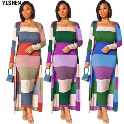 2 Piece Set Print Party Long Maxi Dress African Dresses For Women Plus Size Dashiki Stripe Robe Ladies Clothes African Clothing