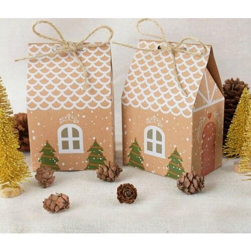 10pcs Kraft Paper Boxes Christmas Gift Box House Shape Candy Box Food Cookies Packing Xmas New Year Noel Natal Party Favors Bag