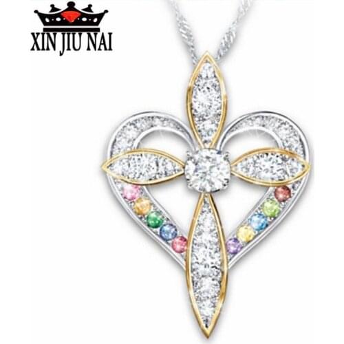 Cross for women gold and silver Two tone heart colorful Multicolor pendant necklace for Catholic faith Colored gems jewelry