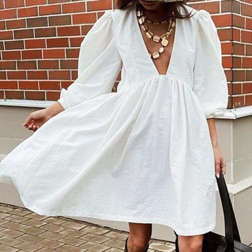 Summer Women Mini Fit Flare Dress Loose Pullover Long Sleeves Solid Dress Puff Sleeve A-line Dresses Party Club Holiday Vestidos