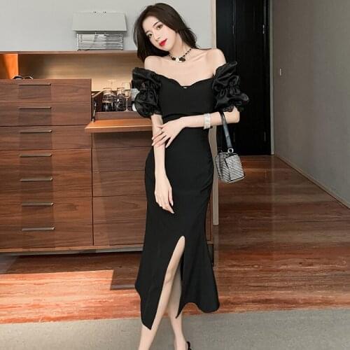 Fashion Summer Elegant Party Midi Dress Ladies Vintage High Street Sexy V-Neck Puff Sleeve Bodycon Skinny Split Mermaid Dress