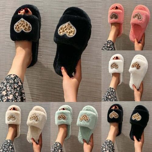 Fashion Leopard Print Slippers Rhinestone Love Plush Shoes Thick-soled Cotton Fashionable Design Warm Slippers Тапочки Для Дома