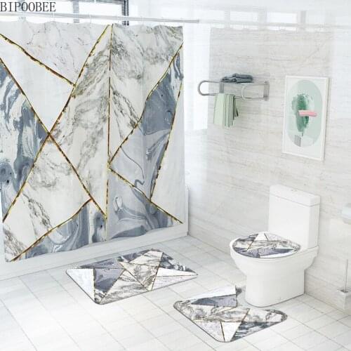 Marble Shower Curtain Irregular Stone Grain Bath Mat Set for Bathroom Decor Bathtub Curtains with Hooks Toilet Lid Anti-slip Rug