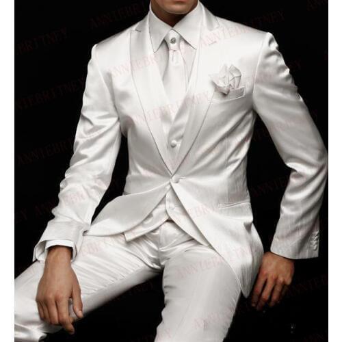 ANNIEBRITNEY Shiny Ivory Men Suits Satin Slim Fit Formal Groom Party Prom Dress Tuxedo Set Custom Large Size Coat Blazer Pants