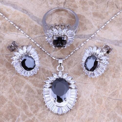 Classy Black Cubic Zirconia White CZ Silver Plated Jewelry Sets Earrings Pendant Ring Size 6 / 7 / 8 / 9 S0409