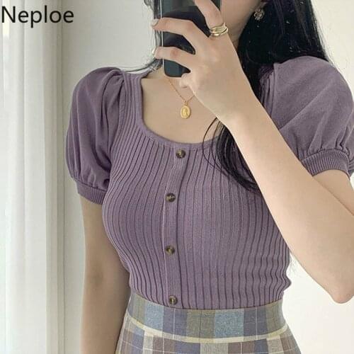 Neploe Knitted T Shirts Women Korean Square Collar Short Puff Sleeve Female Tops Summer 2021 Casual Slim Fit Ladies Tees 1D356