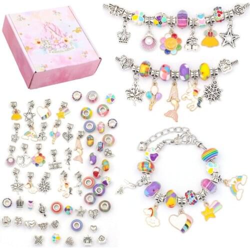 New Children Cartoon Bracelets DIY Charm Bracelet Necklaces Jewelry Making Kit with Pink Gift Box for Girls Women Christmas Gift