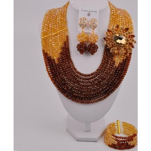 Fabulous Chocolate Brown Gold Champagne Crystal Nigerian Traditional Wedding African Beads Jewelry Set Free Shipping ABD397