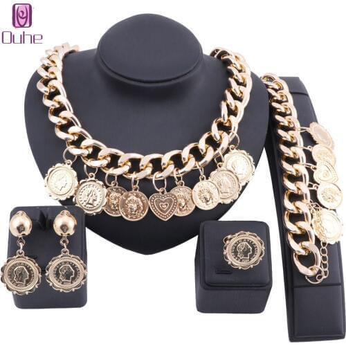 Wedding Bridal Jewelry Set Dubai Gold Color Pendant Women Party Necklace Bracelet Earring Ring Fine Jewelry Set