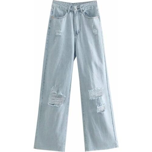 Za High Waist Loose Comfortable Sweet Jeans For Women Fashionable Casual Straight Wide Leg Pants Jeans Hole Jeans Xitimeao
