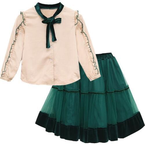 Princess velvet chiffon 2 pcs set age for 4-14 yrs teenage girls spring clothes long-sleeve blouse+skirt big girl school outfits