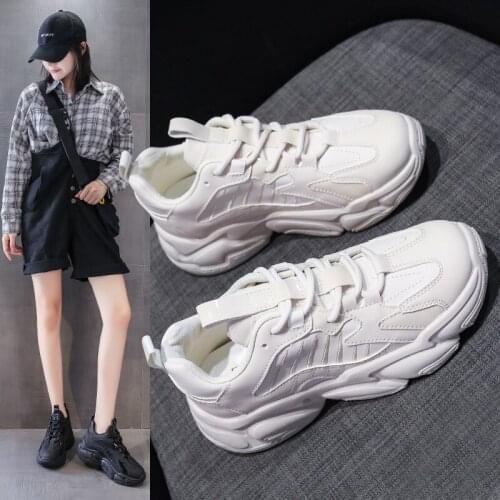 2021Fashion Spring Beige Platform Sneakers Women Shoes Korean Black Chunky Sneakers Leather Thick Sole Casual Vulcanize Shoes Wo