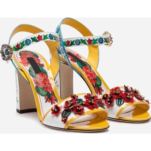 Flower Prints High Heels Sandals Women Chunky Block Heel Peep Toe Crystal Buckle Strap Party Shoes Floral Wedding Shoes