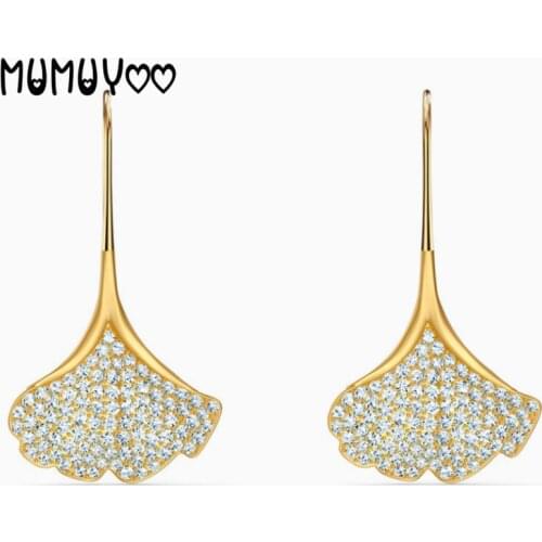 2020 new high quality SWA charm crystal golden ginkgo leaf women earrings leaf earrings earrings female
