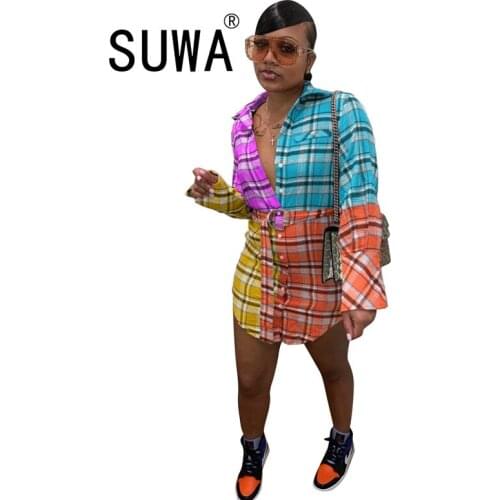 Wholesale Spring Summer Autumn Women Long Sleeve Mini Shirt Dress Button V Neck Long Sleeve Waist Collection Blouses Dress