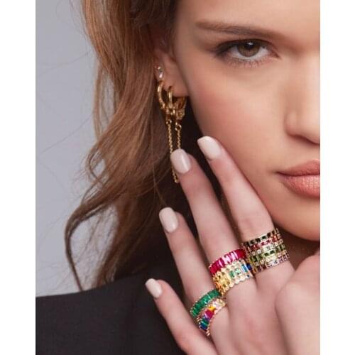 Gold filled Multicolor Baguette T Ring Engagement Rainbow Trapezoid Stone Rings For Women Colorful Eternity Band Wedding Ring