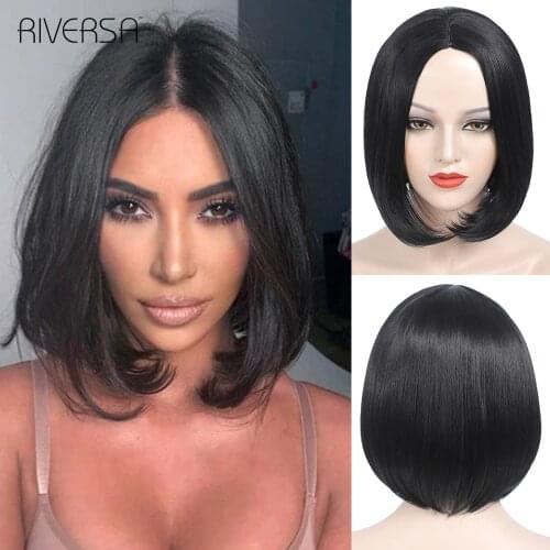 Pre-Colored Short 1B Black Wigs Straight Synthetic Wig With Hairline Heat Resistant Fiber Black Bob Hair Wigs For Women Riversa