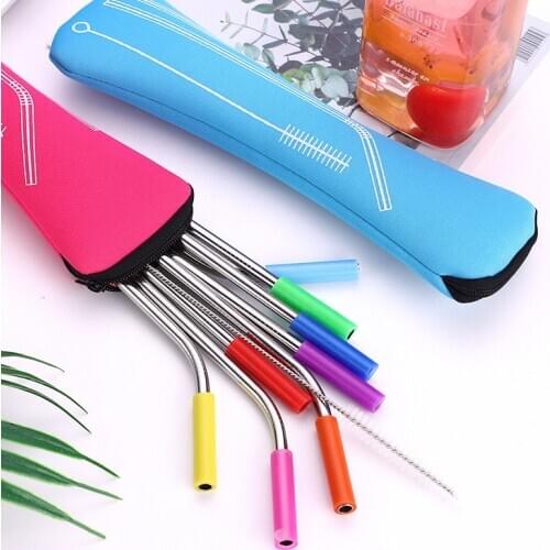 4pcs Stainless Steel reusable Straw With Brush Metal Drinking Strawse Scratch Silica Gel Head Defence Scratch Mouth Bone Package
