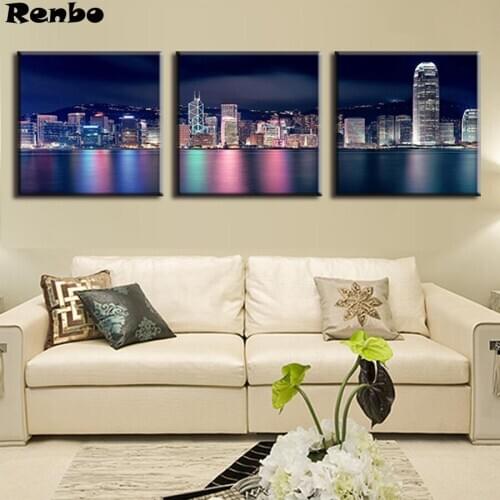 5D diy Diamond painting 3 Pcs/set Landscape Colorful Night of Hong Kong City Diamond Embroidery full square/round mosaic decor