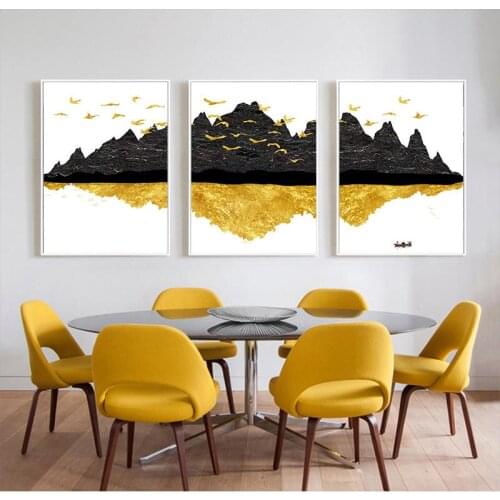 Abstract Gold and Black Mountains Birds Canvas Paintings Posters Prints Modern Wall Art Pictures For Living Room Bedroom Aisle