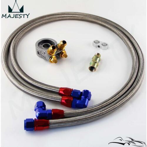 AN10 Oil Line + Oil Filter Cooler Sandwich Adapter Thermostat w/80 Deg 176 F Kit Black / Silver