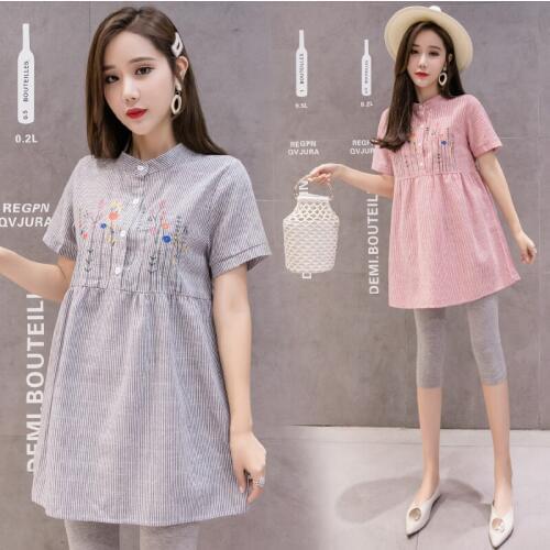 Cotton Linen Maternity Blouses Formal Work Office Shirts Embroidery Clothes for Pregnant Women Summer Pregnancy Tops C773
