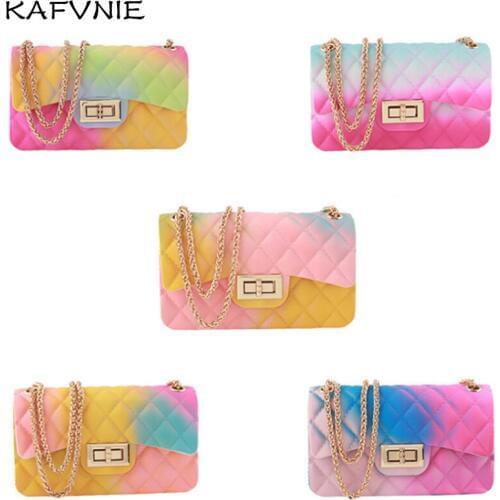 KAFVNIE Childrens Women Jelly Handbag 17 cm Rainbow Color Girls PVC Candy Shoulder Bag Summer Silicon Tote Beach Satchel bag