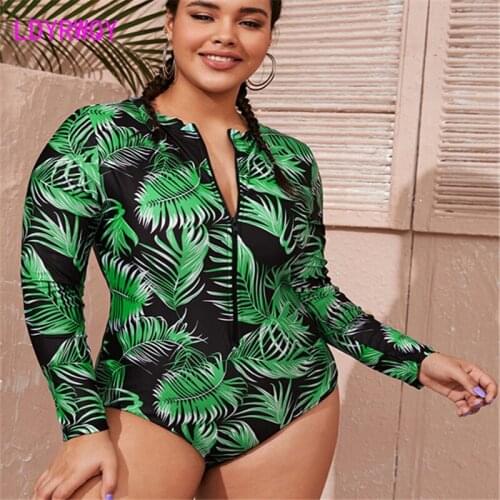 LDYRWQY 2021 new European and American fashion long-sleeved printed zipper plus size conservative one-piece bikini swimsuit