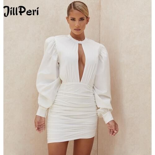 JillPeri Long Puff Sleeve Mini Dress Sexy Cut Out Ruched Bodycon Dress White Cotton Outfits Dress for Women