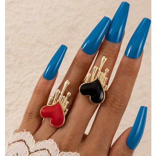 Docona 2pcs/sets Punk Red Black Dripping Oil Love Heart Ring Set Gothic Joint Midi Metal Alloy Rings for Women Jewelry кольца