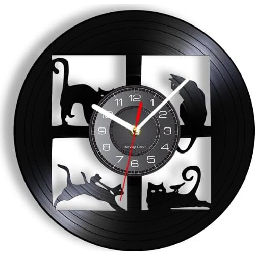 Cats Silhouette Laser Etched Album Vinyl Record Wall Clock Vet Pet Shop Decor Kitty Inspired Vinyl Disk Crafts Kittens Clock