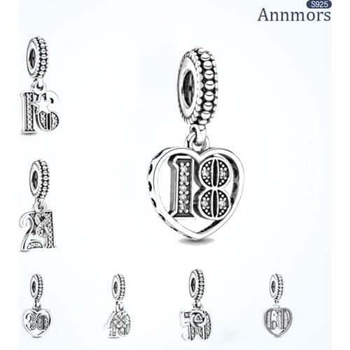 925 Sterling Silver Number Charm Fit Original Pandora Bracelet Birthday Pendant Vintage Jewelry Numbers 13 21 30 Age Charms Gift
