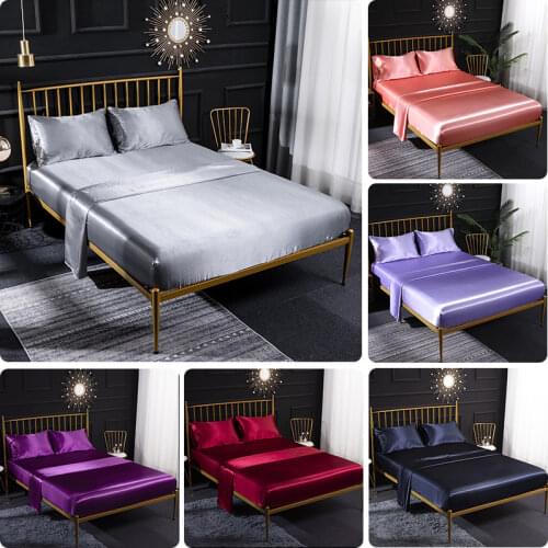 Luxury Emulation Silk Fitted Sheet 3/4 Pcs Sets Solid Color Satin Double Fitted Bed Sheet Set Pillowcases Queen Size Bedsheet
