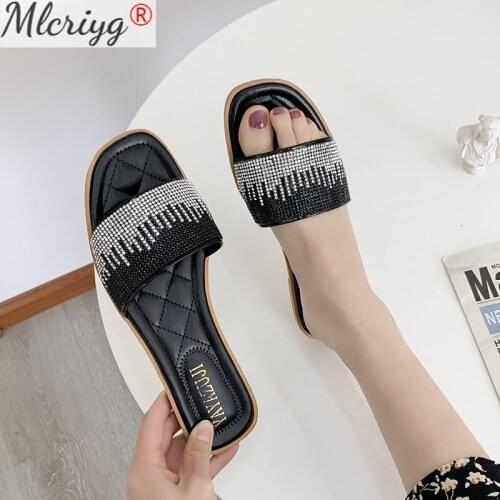 Women Summer Flat Slippers Elegant Ladies Square Toe Slides Outside Shoes Female Crystal Bling Sandals Fashion Woman Shoes 2021