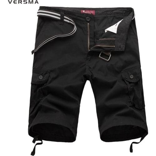 VERSMA Mens Black Cotton Workout Bermuda Cargo Shorts Fashion Casual Men Solid Loose Knee Length Camouflage Shorts Without Belt