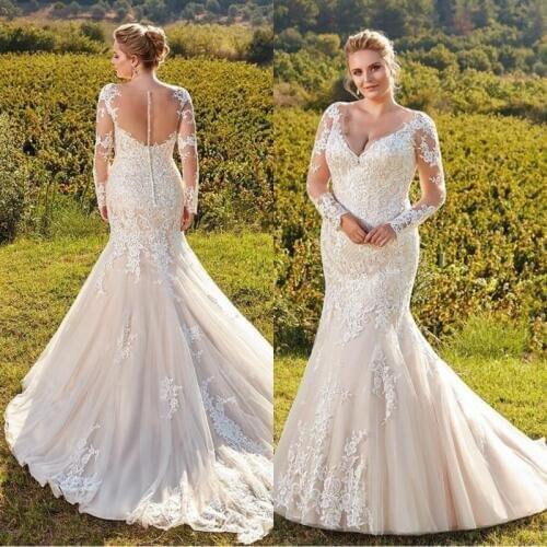 Light Champagne Plus Size Wedding Dresses Mermaid 2021 robe de mariee Long Sleeve Lace Wedding Gowns Country Style Bride Dress