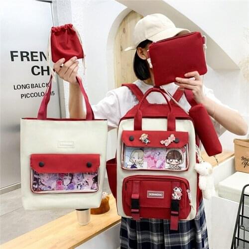 Large Capacity Backpack With Many Pockets 5-piece Set Fashion Women Backpack Trend New Nylon Contrast Color School Bag For Girls