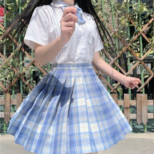 Japanese College Wind JK Uniforms Short Sleeve Students White Shirt High-Waisted Plaid Pleated Skirt Piece Female Summer