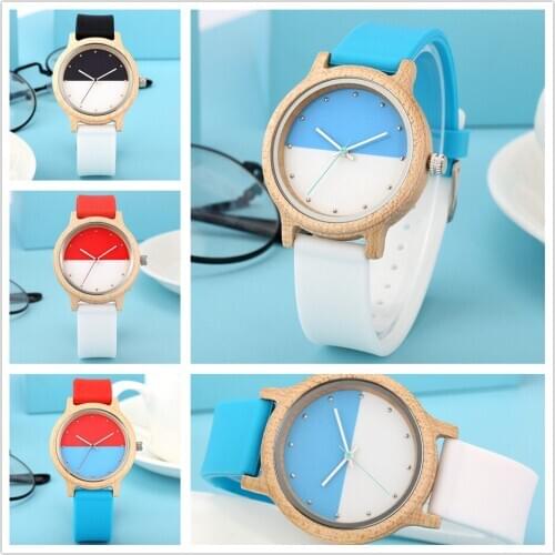 Splicing Colors Silicone Band Womens Wood Watch Natural Stylish Female Wooden Timepiece Quartz Wristwatch New 2020