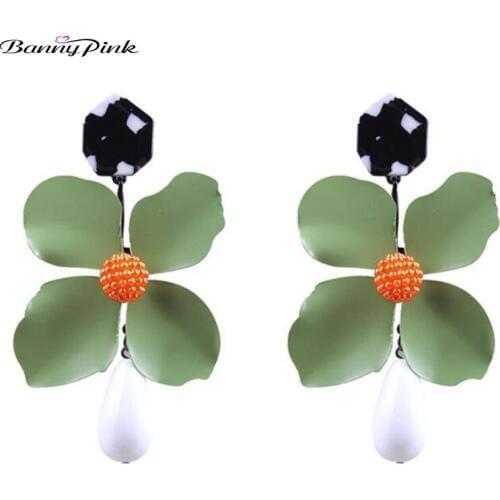 Banny Pink Fashion Big Brand long Drop Earrings Enamel Flower Korea Style Jewelry Dangle Earrings Statement Jewelry For Women