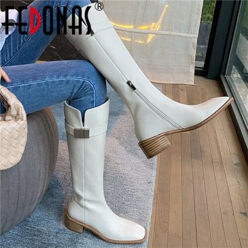FEDONAS Fashion Party Casual Women Knee-High Boots High Quality Genuine Leather Concise Thick Heels Autumn Winter Shoes Woman