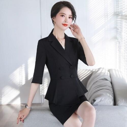 Summer Professional Women Slim Goddess Work Suits Skirt Set Double Breasted Shawl Collar Short Sleeve Blazer Set